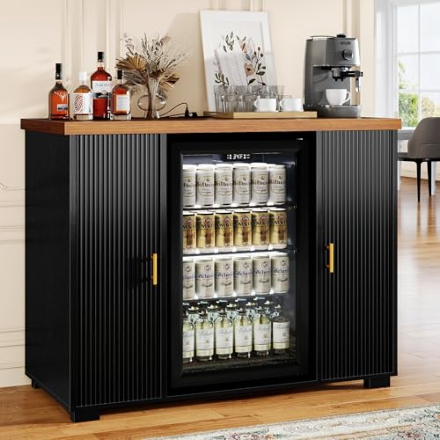 Home Bar And Fridge - ตู้บาร์กาแฟแบบมีร่อง 47 ช่อง พร้อมพื้นที่สำหรับตู้เย็นขนาดเล็ก เหมาะสำหรับใช้ในครัวเรือน สีดำ