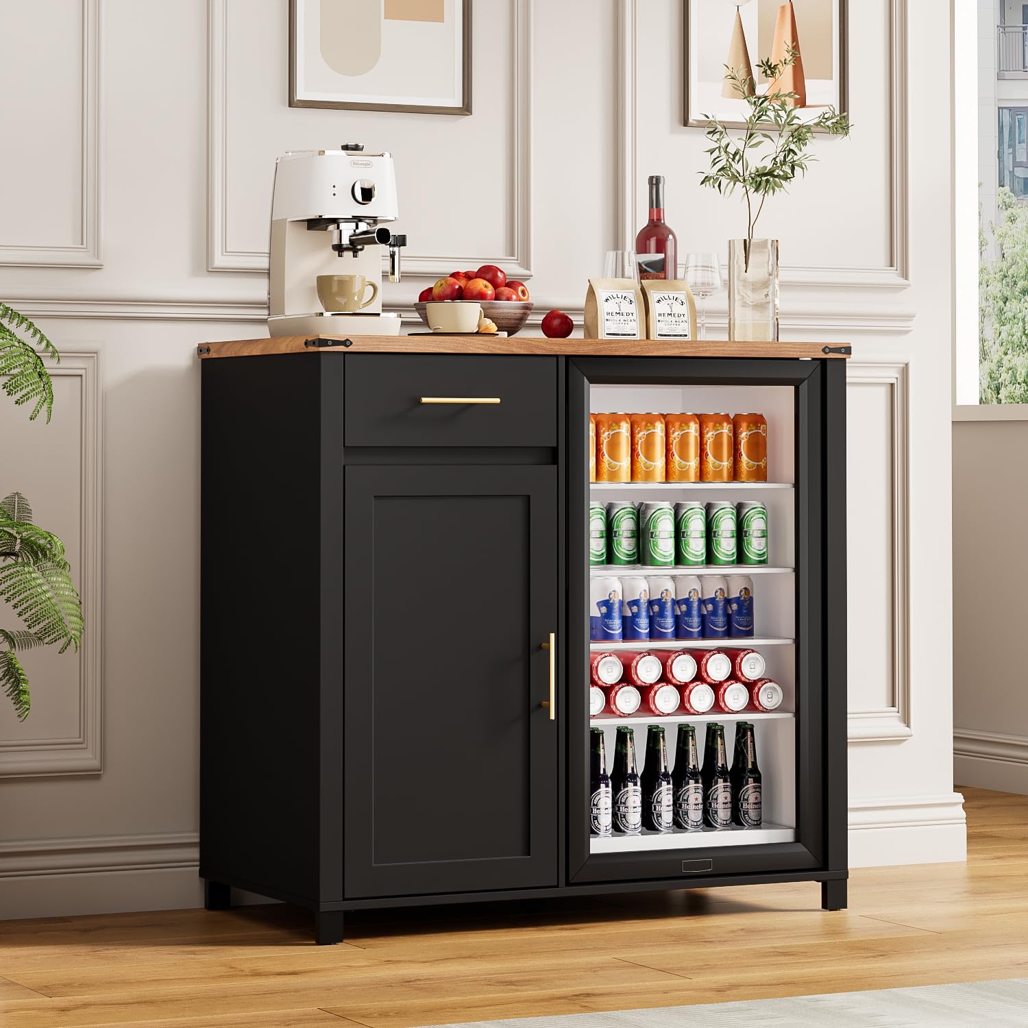 Home Bar And Fridge - ตู้บาร์กาแฟขนาด 39 นิ้ว พร้อมพื้นที่สำหรับตู้เย็น, ตู้เก็บของพร้อมเต้าเสียบไฟและพอร์ต USB,