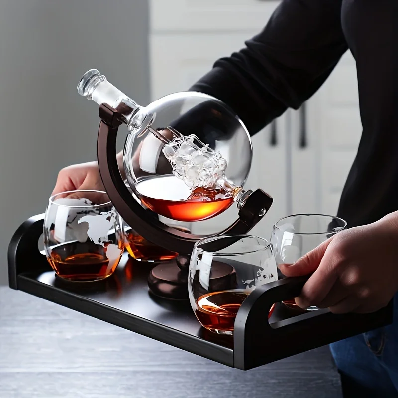 Decanter Globe Set - ขวดเหล้าทรงกลมทำจากแก้วบอโรซิลิเกตพร้อมฐานไม้ ขวดเติมอากาศไวน์ที่มีเอกลักษณ์ เป็นของขวัญสำหรับตกแต่งบาร์ที่บ้าน