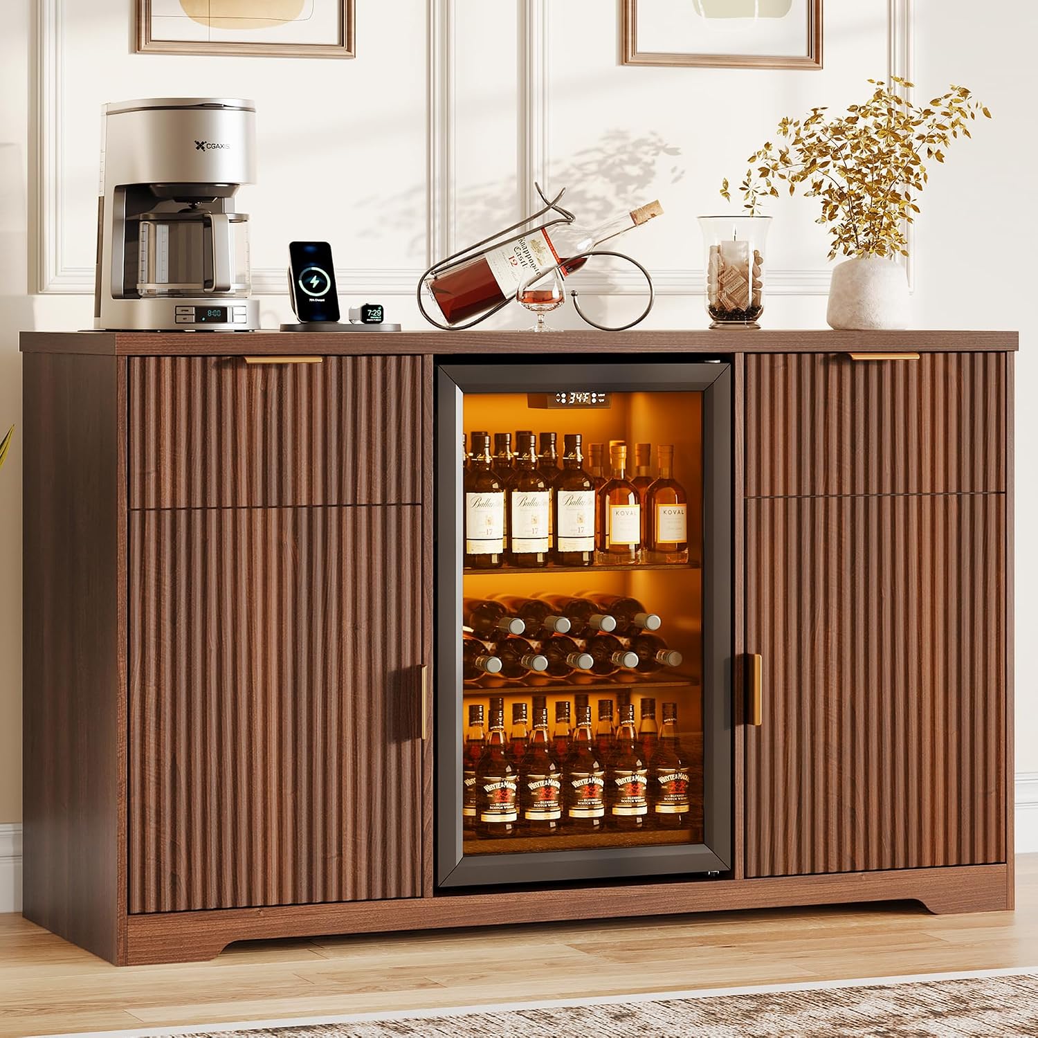 Home Bar And Fridge - ตู้บาร์กาแฟขนาด 55 นิ้ว พร้อมสถานีชาร์จและพื้นที่เก็บของแบบตู้เย็น, ชั้นวางไวน์แบบบุฟเฟต์พร้อมลิ้นชัก 2