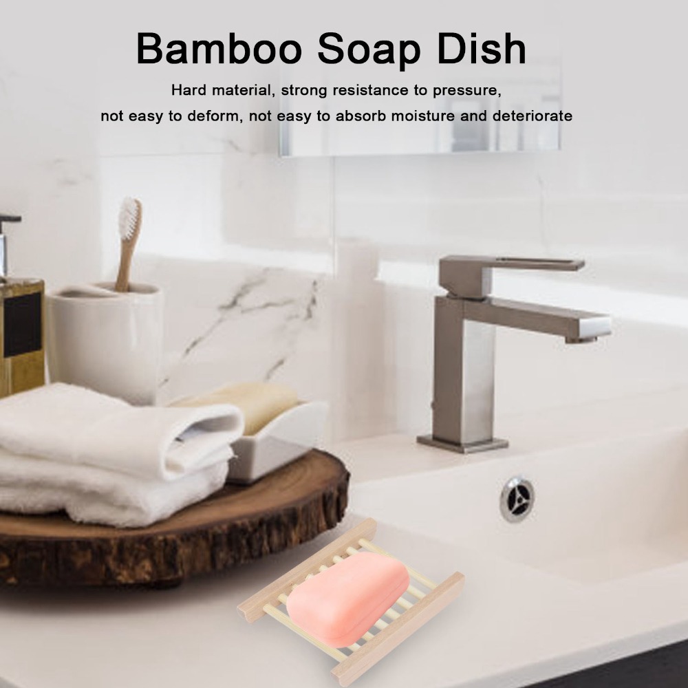 Home Bar Supplies - ที่วางสบู่ไม้ธรรมชาติ 5 ชิ้น แบบระบายน้ำได้เอง สีไม้ ที่วางสบู่กันลื่น