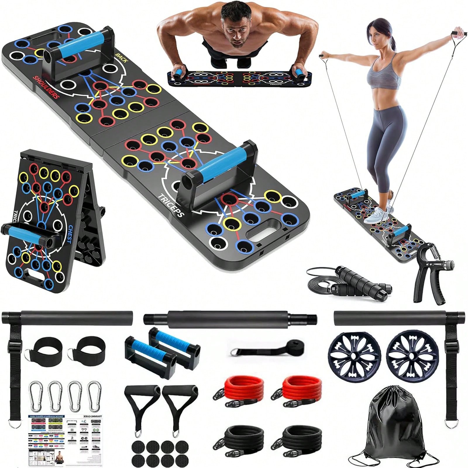 Home Bar Setup Kit - ชุดบอร์ดวิดพื้นแบบพับได้อเนกประสงค์, อุปกรณ์ออกกำลังกายที่บ้านพร้อมสายยางยืด, ที่จับมือ, เชือกกระโดด, บาร์ดึงข้อ, ชุดฝึกความแข็งแรงของร่างกายสำหรับผู้ชายและผู้หญิง